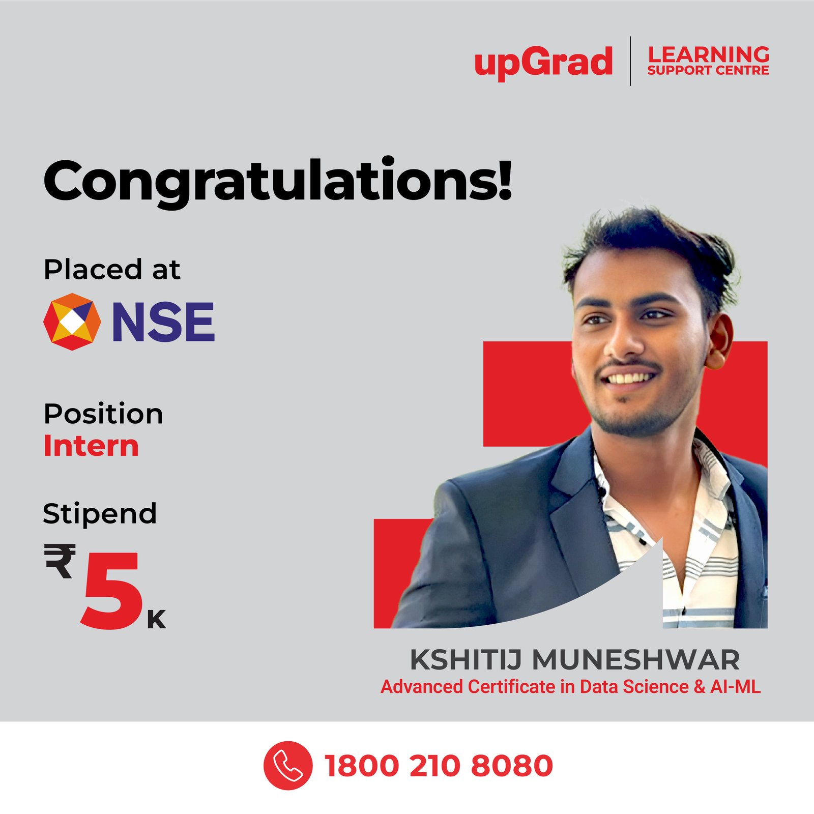 Kshitij Muneshwar placed at NSE as an Intern with a stipend of 5K